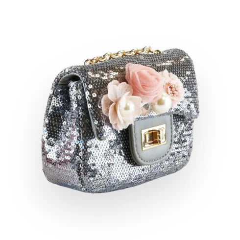 Pewter/Silver Floral Applique Sequin Purse