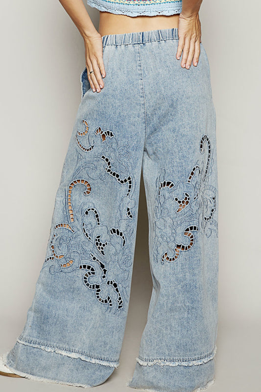 Pol, wide leg denim pants, vintage wash jeans, cutout embroidered denim, boho festival pants, women’s wide leg twill bottoms, boutique denim trousers, boho jeans outfit, relaxed fit denim pants