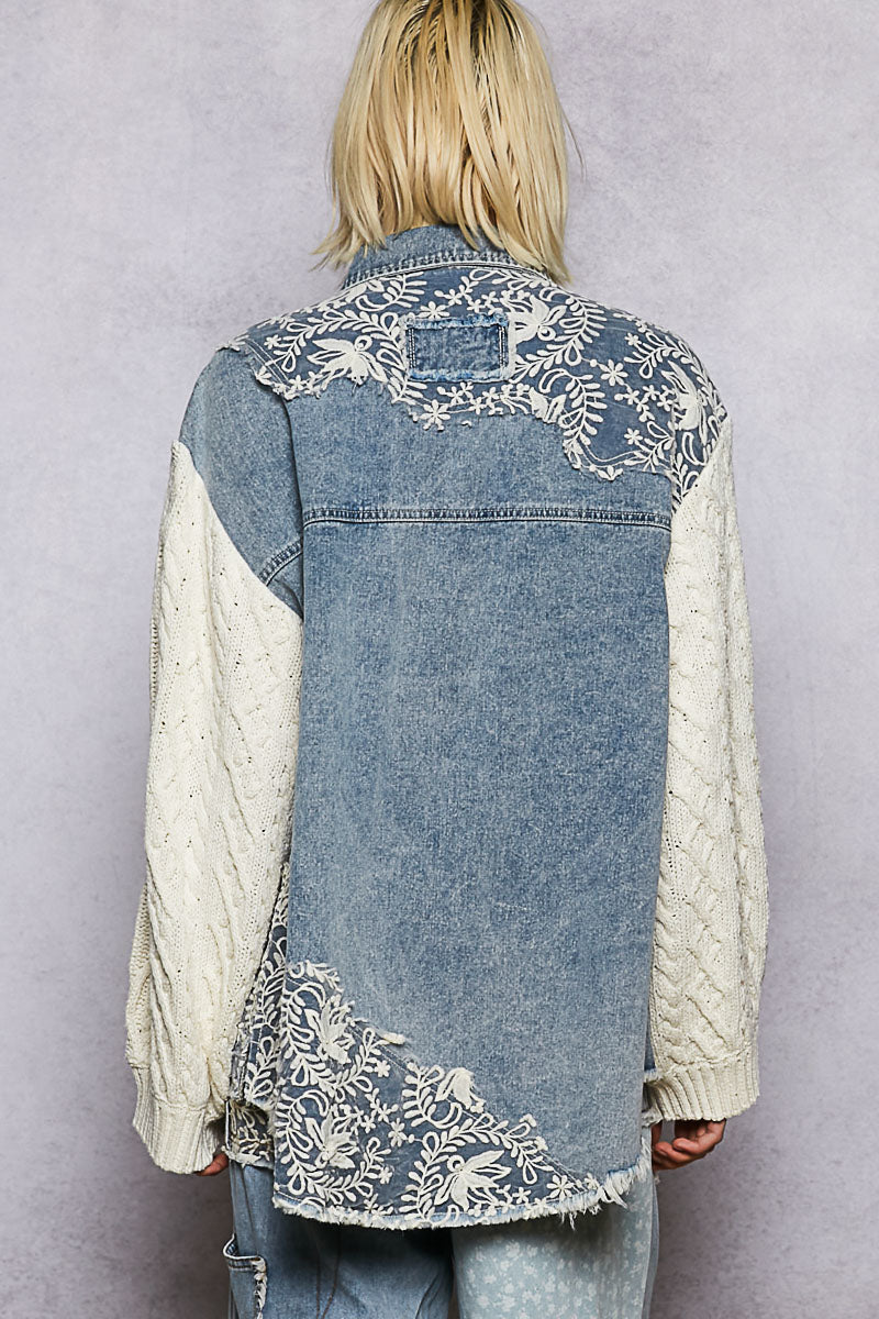 denim lace patch button up, contrast twill denim shirt, embroidered denim jacket, lace detail denim top, oversized denim button down, boho chic denim shirt, boutique denim top women, cable knit sleeve denim shirt, western lace denim top, statement denim blouse, casual chic denim shirt, embroidered denim outerwear