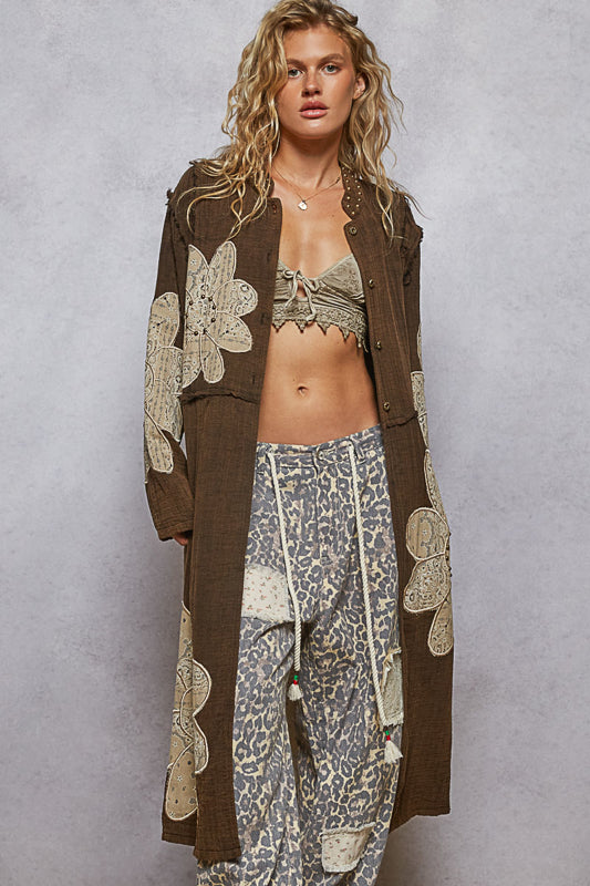 charcoal floral applique jacket, studded long jacket women, bohemian gauze coat, boutique statement jacket, oversized floral detail coat, lightweight boho chic jacket, embroidered appliqué long coat, boutique outerwear women, gauze layering jacket, long sleeve casual jacket, romantic boho outerwear, studded applique fashion jacket
