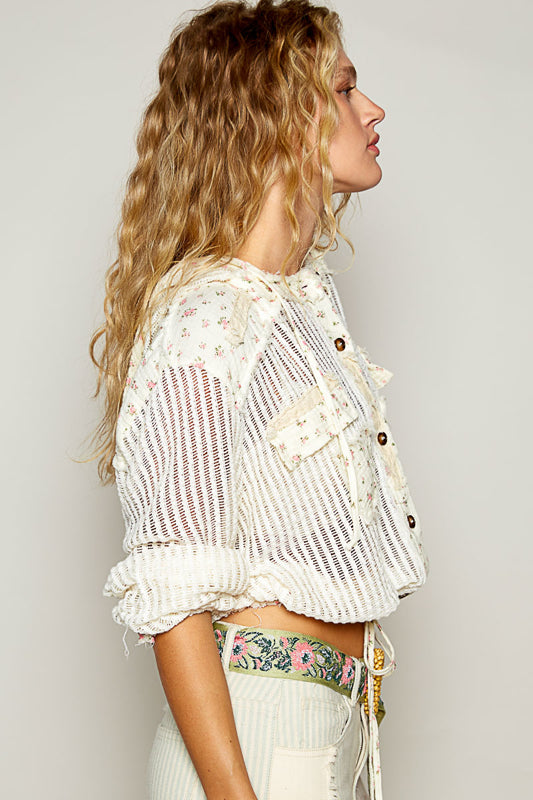 women’s crochet jacket, off white crochet jacket, floral trim jacket, lightweight boho cardigan, boutique crochet hoodie, floral crochet outerwear, spring summer layering jacket, casual women’s crochet top, trendy boutique crochet jacket, feminine boho jacket