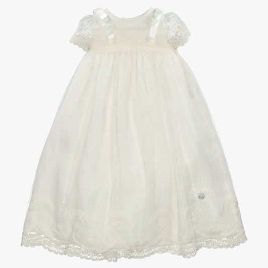 christening gown and bonnet set Expressions Boutique NY, ivory lace baptism dress, baby girl heirloom christening outfit, satin ribbon lace gown for baptism, boutique christening apparel girls