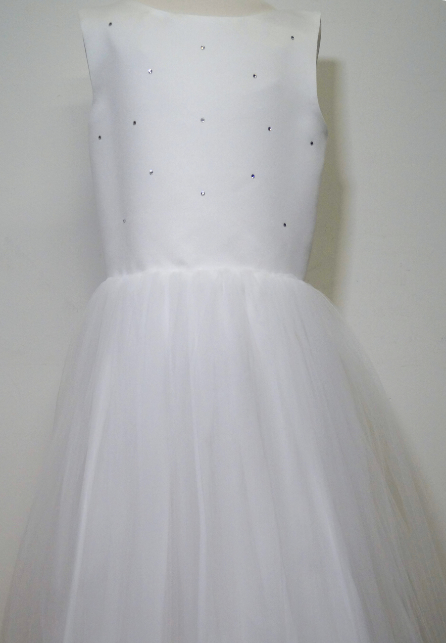 rhinestone communion dress Expressions Boutique NY, white tulle communion gown, off white satin bodice dress, girls first communion dress Long Island, boutique communion wear Woodbury NY, elegant rhinestone tulle gown