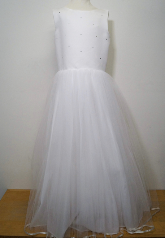 rhinestone communion dress Expressions Boutique NY, white tulle communion gown, off white satin bodice dress, girls first communion dress Long Island, boutique communion wear Woodbury NY, elegant rhinestone tulle gown