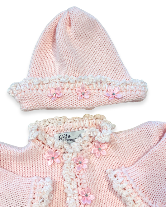 boutique baby girl sweater set, pink chenille ruffle baby outfit Expressions Boutique NY, rhinestone flower baby sweater hat, cotton knit baby girl cardigan set, heirloom baby clothes pink, boutique newborn girl outfit, special occasion baby girl knitwear, luxury baby shower gift girl, boutique knitwear for babies, baby girl cotton sweater hat set