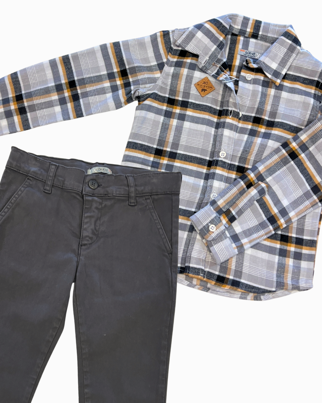 2pc Grey/Beige/Black Plaid w Dark Grey Pant