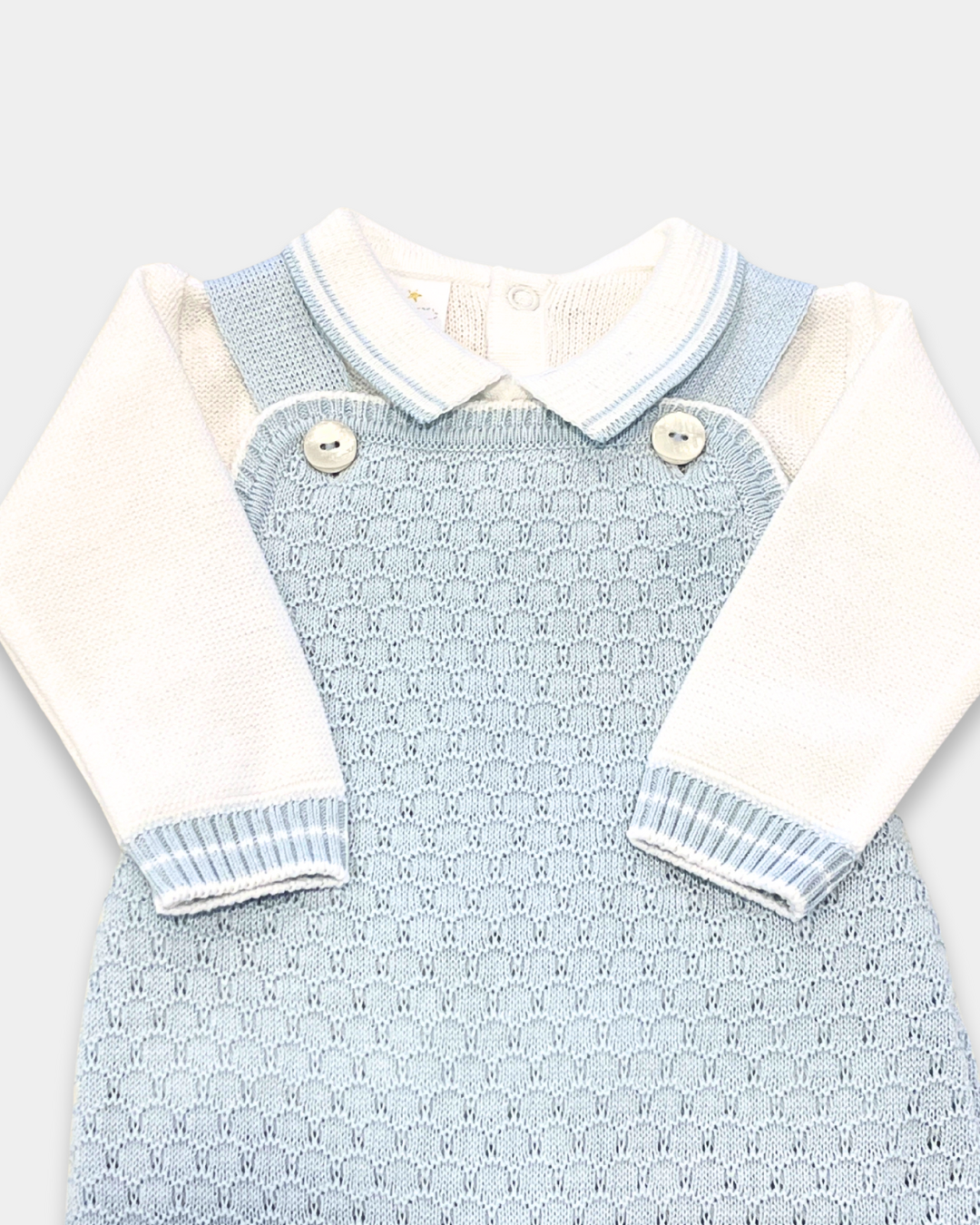 baby boy knit overall set, blue and white baby outfit, boutique baby boy clothing, knit baby boy romper, newborn knit outfit boy, baby boy christening outfit, baby boy holiday outfit, boutique knit baby clothes, baby shower gift boy, Expressions Boutique NY, Woodbury baby boutique, knit baby outfit with footies