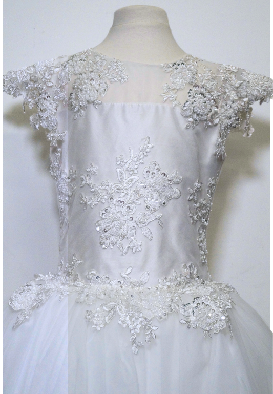one of a kind communion dress Expressions Boutique NY, silk lace overlay communion gown, beaded floral communion dress Woodbury NY, elegant girls first communion dress, handmade lace communion gown Long Island