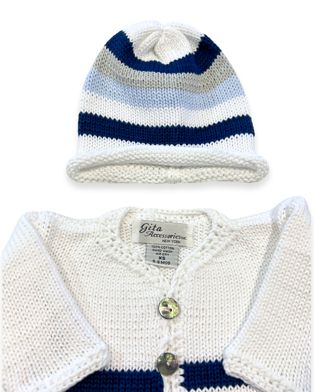 2pc White Cotton Lt Blue/Grey/Navy Stripe w Hat