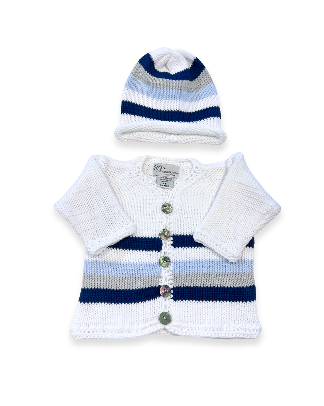 2pc White Cotton Lt Blue/Grey/Navy Stripe w Hat