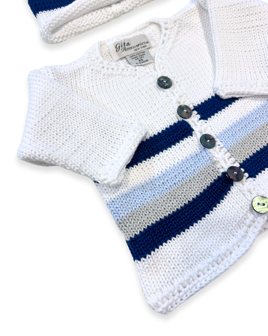 2pc White Cotton Lt Blue/Grey/Navy Stripe w Hat