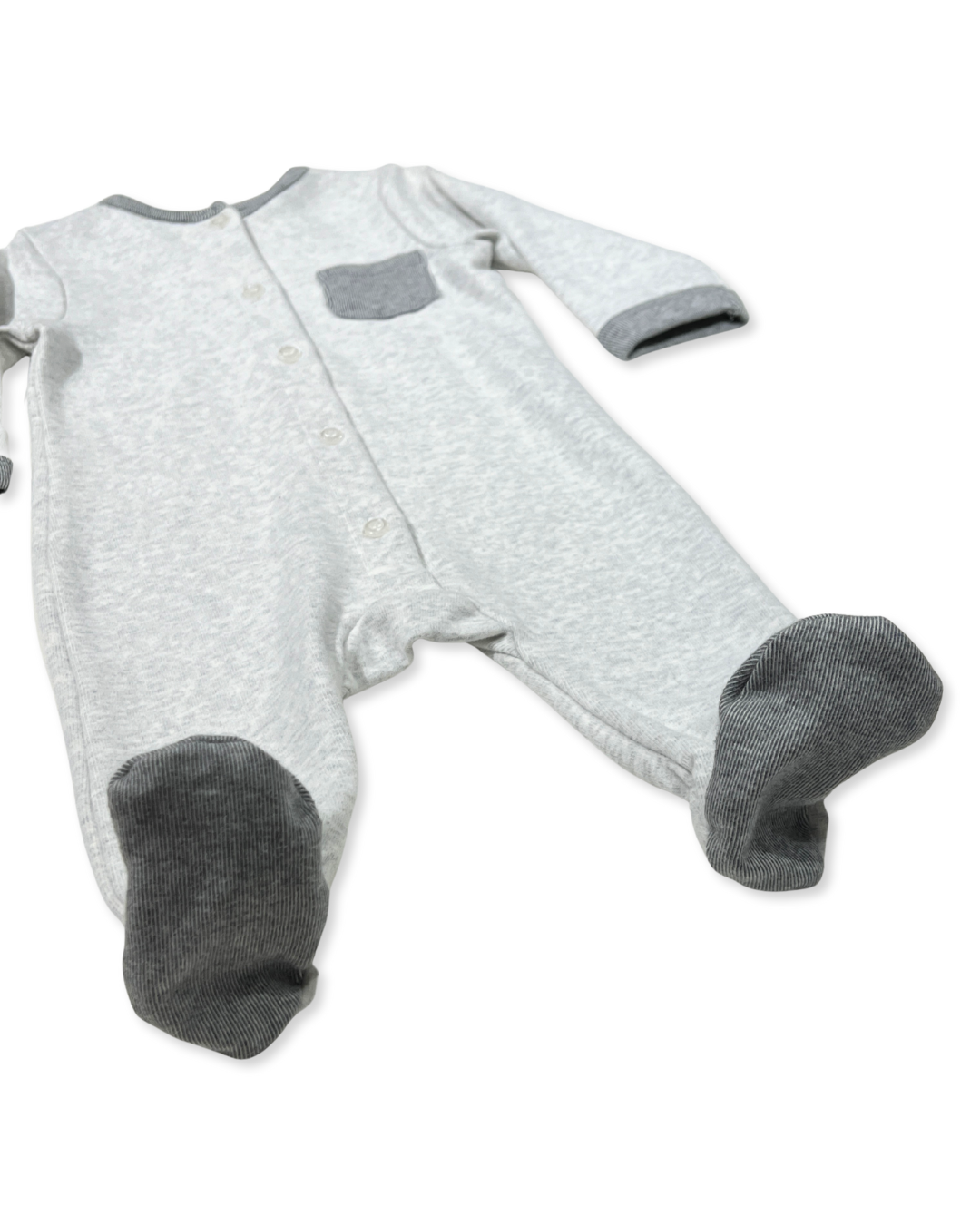 Grey/Blue Snap Footie, Expressions Boutique, Women and childrens boutique, Woodbury, grey baby footie, baby boy snap sleeper, boutique baby romper, infant footed one piece, soft cotton baby pajamas, newborn boy sleepsuit, snap closure baby outfit, modern baby boy footie, eco friendly baby clothing, baby shower boy gift