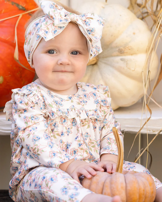 Sadie baby headband, floral infant headband, boutique baby bow, newborn baby girl hair accessories, soft baby headwrap, oversized bow headband, matching romper headband, boutique baby accessories, baby girl outfit accessories, infant floral bow, soft stretch baby headband, Sadie set headband