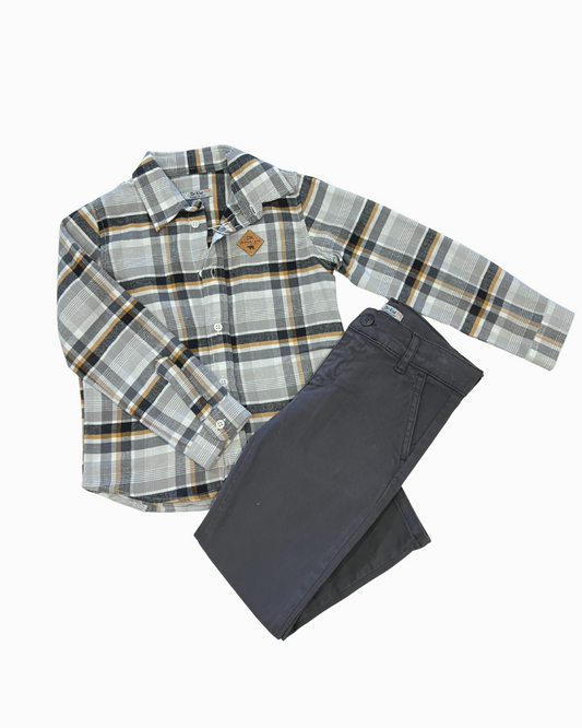 2pc Grey/Beige/Black Plaid w Dark Grey Pant