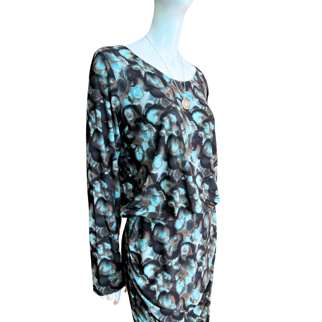 Teal Abstract Dress with Ruched Sides