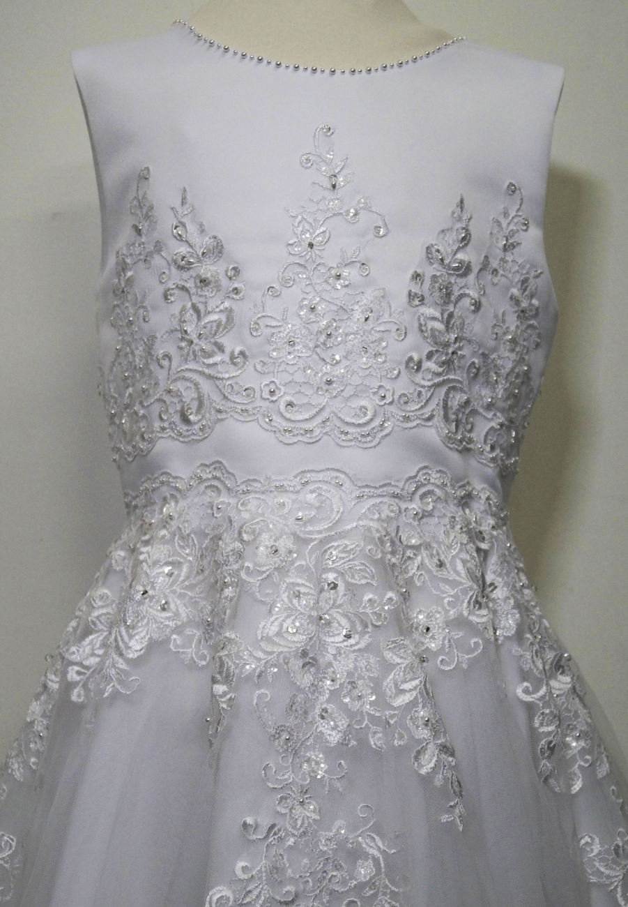 white beaded lace bodice communion dress Expressions Boutique NY, satin and tulle first communion gown, girls beaded white communion dress, elegant lace communion wear Long Island, boutique communion dresses Woodbury NY