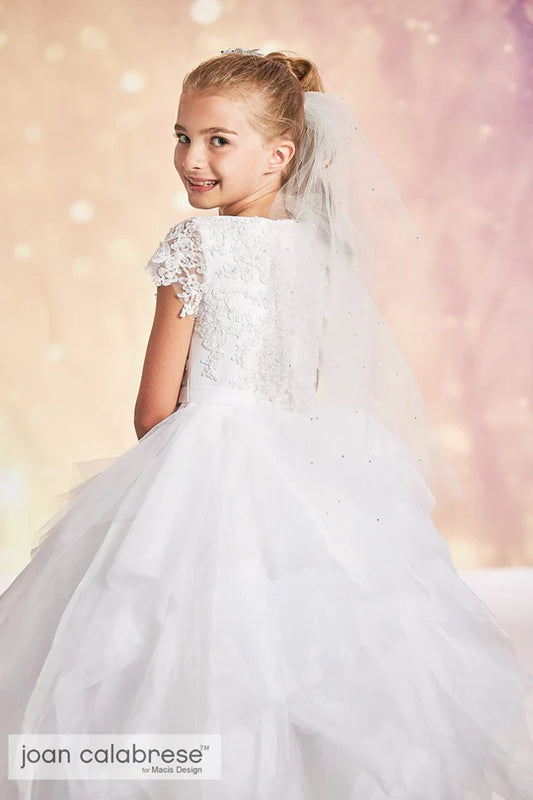 beaded lace bodice communion dress Expressions Boutique NY, white tulle communion gown, tiered communion dress for girls, boutique first communion dress Long Island, elegant lace white communion dress, special occasion gown Woodbury NY