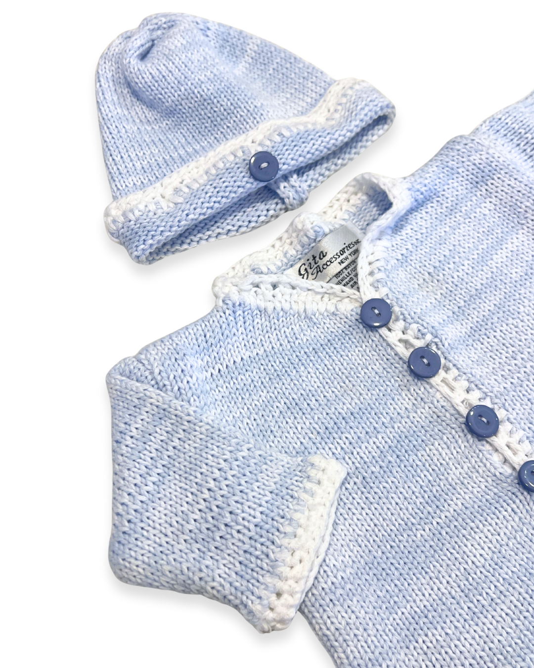 boutique baby cardigan set Expressions Boutique NY, tweed knit baby sweater with hat, neutral cotton cardigan for boys girls, heirloom baby knitwear breathable soft, pastel blue newborn outfit gift set