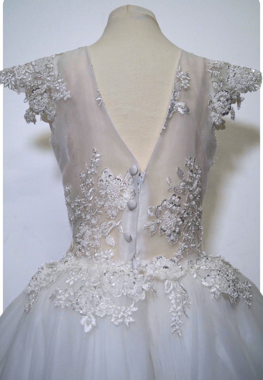 one of a kind communion dress Expressions Boutique NY, silk lace overlay communion gown, beaded floral communion dress Woodbury NY, elegant girls first communion dress, handmade lace communion gown Long Island