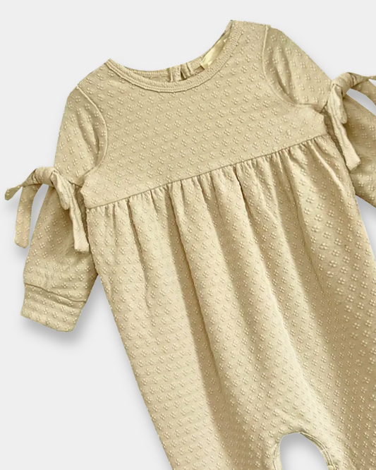 cinnamon sugar baby romper, neutral baby girl outfit, boutique infant romper, textured knit romper, long sleeve baby romper, baby fall outfit, cozy infant romper, newborn baby girl clothing, boutique romper with ties, soft neutral baby clothes, back to school, school outfits, pre-k clothing