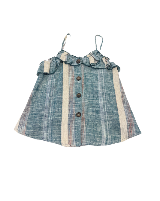 teal stripe top, ruffle spaghetti strap blouse, button front summer cami, Expressions Boutique NY women’s fashion, lightweight woven top