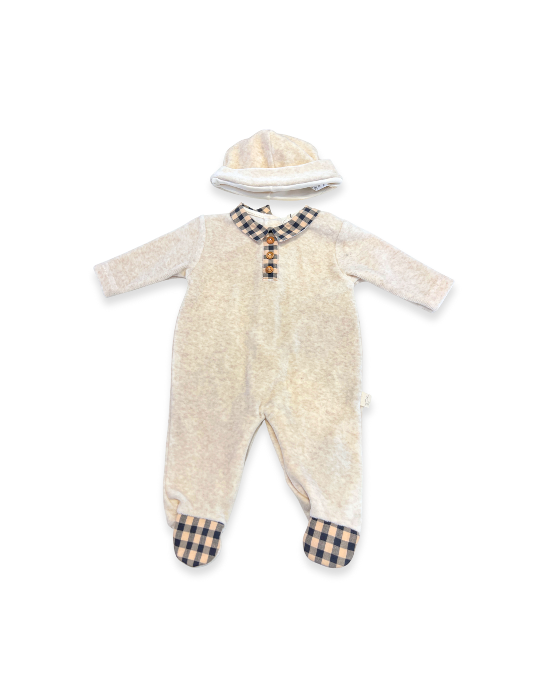boutique baby velour footie set Expressions Boutique NY, camel velour baby outfit with hat, neutral gender newborn take home outfit, checkered collar baby jumpsuit soft cozy, luxury baby sleepwear gift set