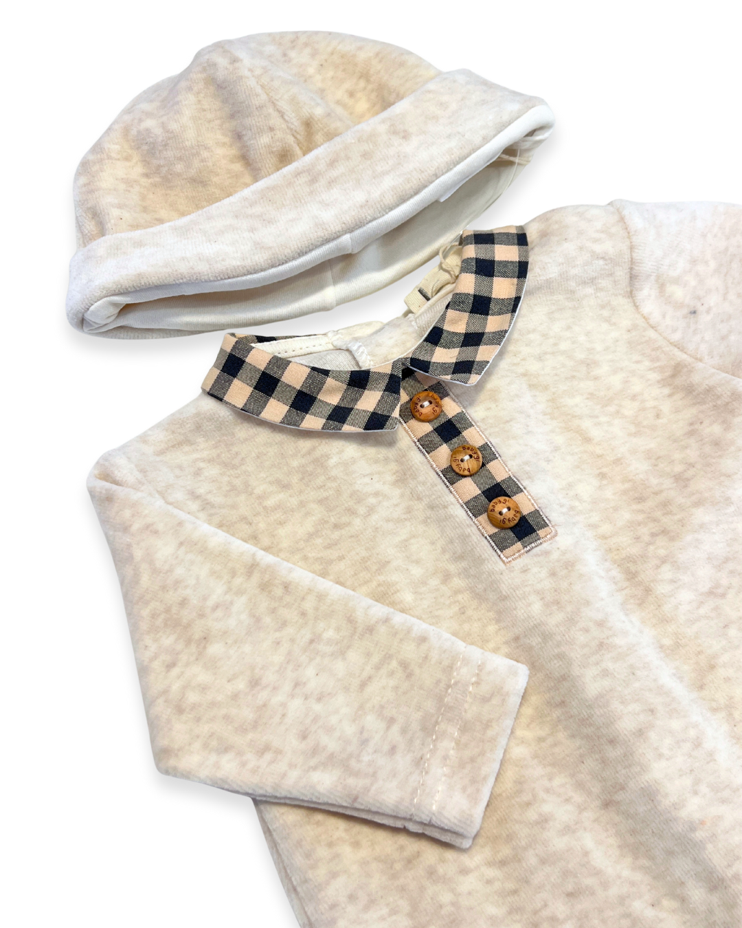 boutique baby velour footie set Expressions Boutique NY, camel velour baby outfit with hat, neutral gender newborn take home outfit, checkered collar baby jumpsuit soft cozy, luxury baby sleepwear gift set