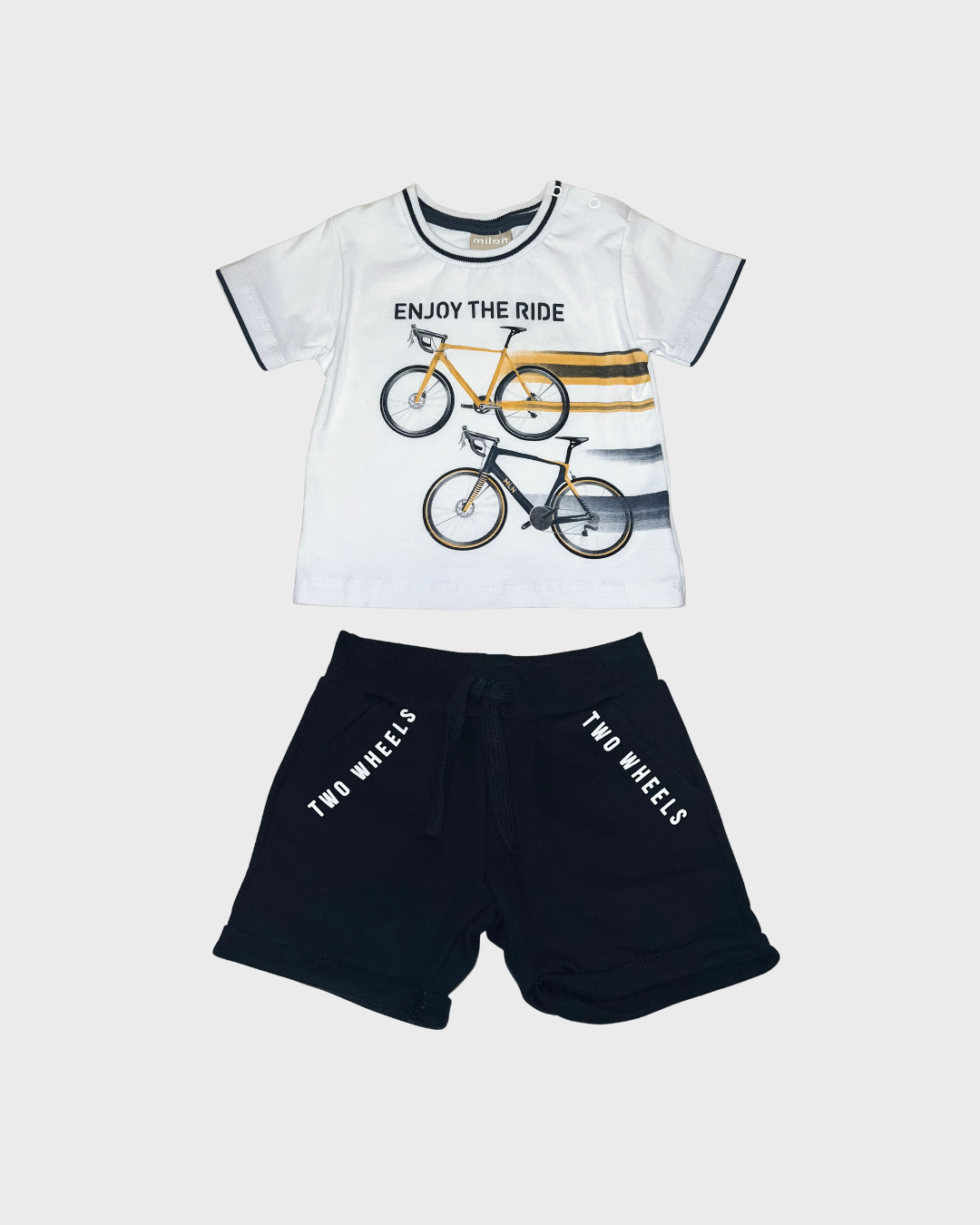 2pc White s/s Shirt w Bikes on it & Black Sweat Shorts