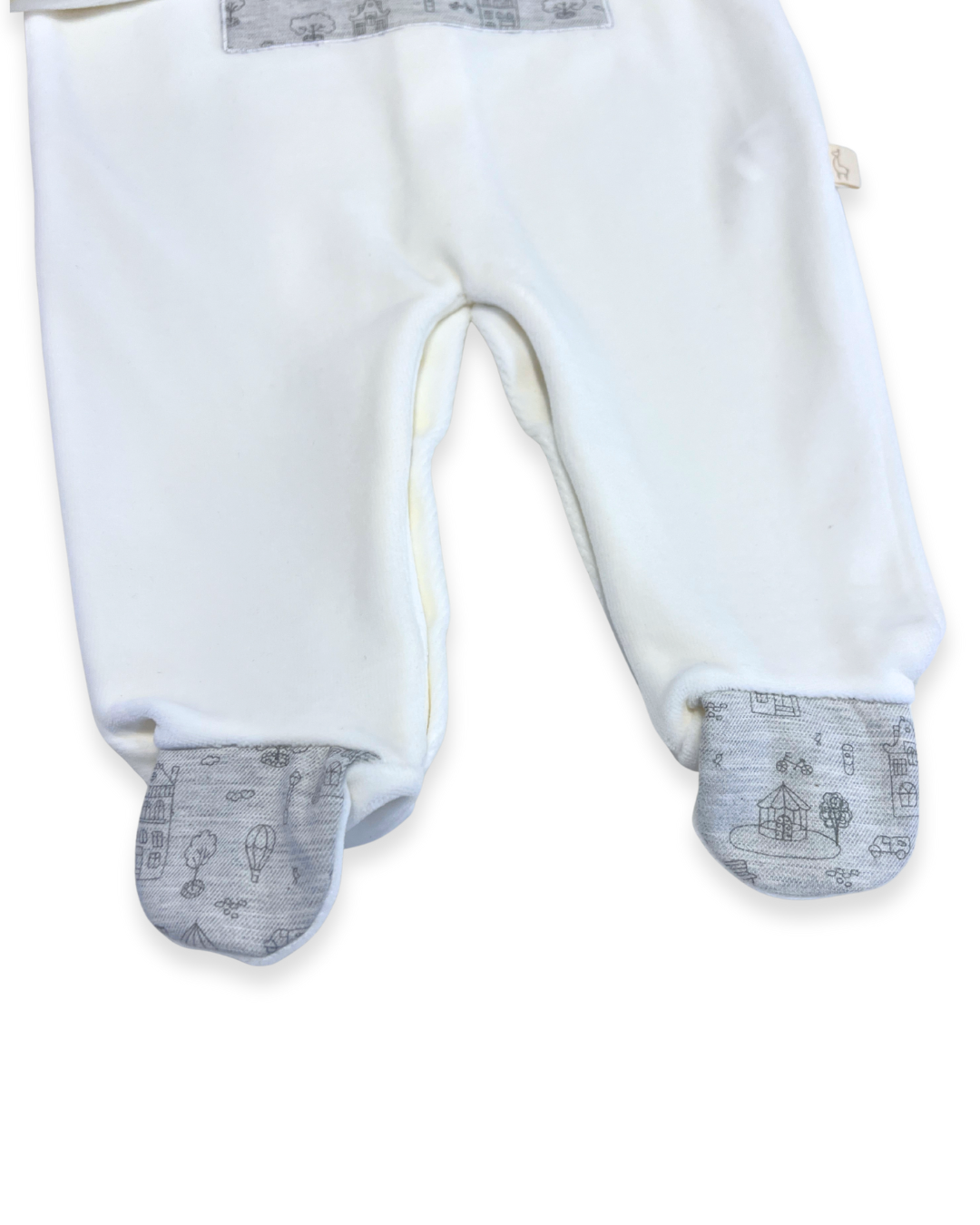 boutique baby velour footie Expressions Boutique NY, ivory velour baby sleeper with snaps, grey pocket baby footie, neutral newborn outfit cozy soft, unisex baby velour onesie breathable cotton blend