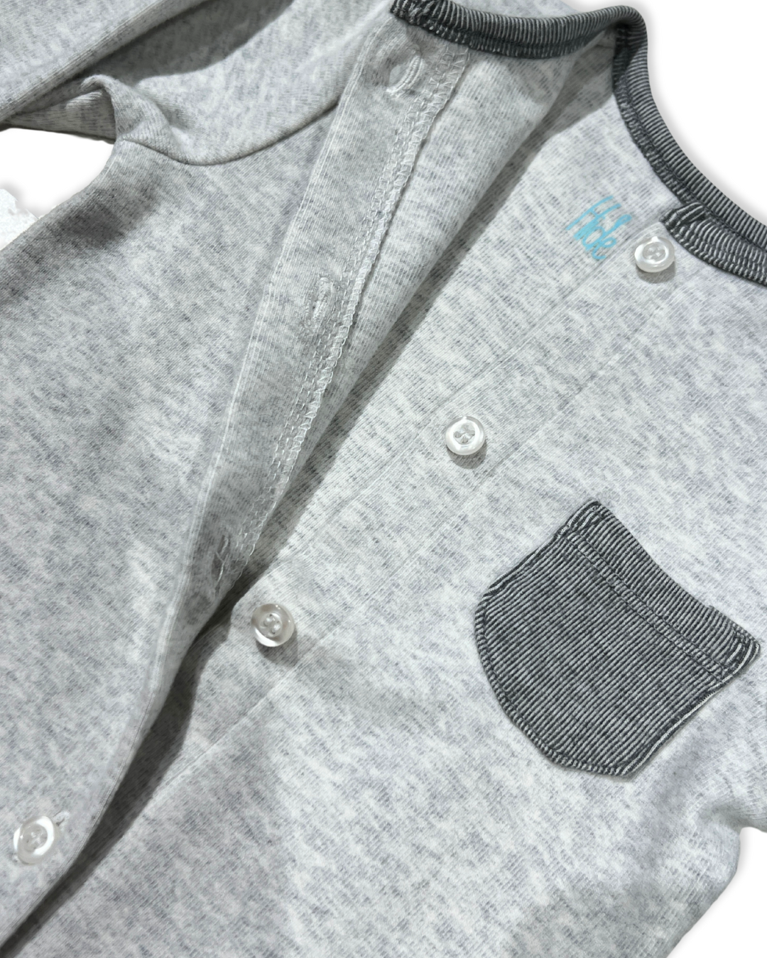 Grey/Blue Snap Footie, Expressions Boutique, Women and childrens boutique, Woodbury, grey baby footie, baby boy snap sleeper, boutique baby romper, infant footed one piece, soft cotton baby pajamas, newborn boy sleepsuit, snap closure baby outfit, modern baby boy footie, eco friendly baby clothing, baby shower boy gift