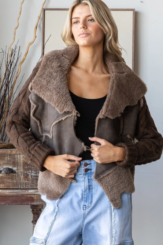 faux leather sherpa jacket, knit sleeve moto jacket, brown asymmetrical coat, chocolate winter jacket, boutique fall layering, cozy edgy outerwear, toggle front leather jacket, knit and leather mixed jacket, women’s boutique jacket, sherpa lined fall coat