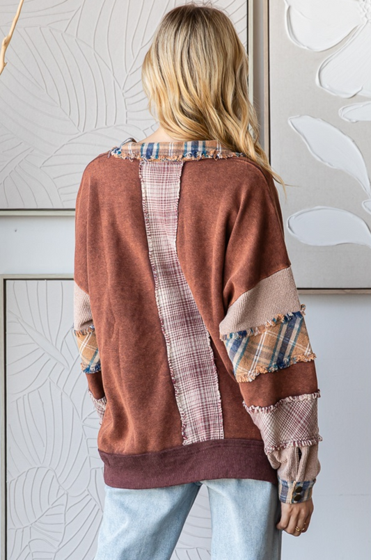 washed patchwork pullover, collared v neck top, oversized patchwork sweatshirt, women’s fall pullover, plaid sleeve sweatshirt, casual oversized top, boutique fall outfit, washed cotton pullover, relaxed fit patchwork top, vintage-inspired pullover, autumn oversized sweater