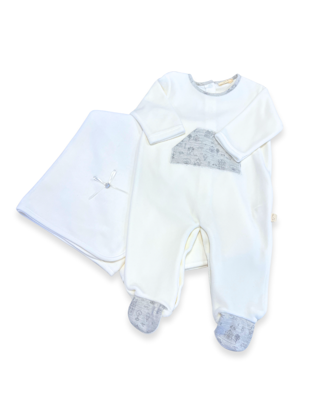 boutique baby velour footie Expressions Boutique NY, ivory velour baby sleeper with snaps, grey pocket baby footie, neutral newborn outfit cozy soft, unisex baby velour onesie breathable cotton blend