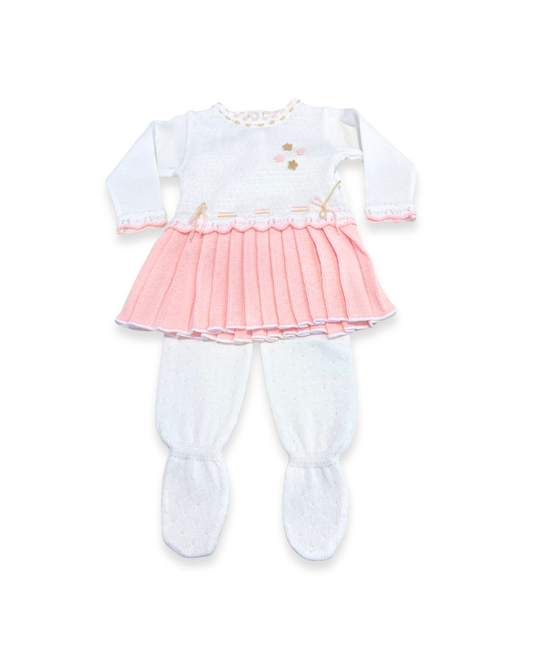 boutique baby knit dress set Expressions Boutique NY, white pink pleated baby dress with footy pants, embroidered cotton knit baby outfit, elegant infant girl outfit soft breathable cotton, heirloom baby gift set, woodbury, long island