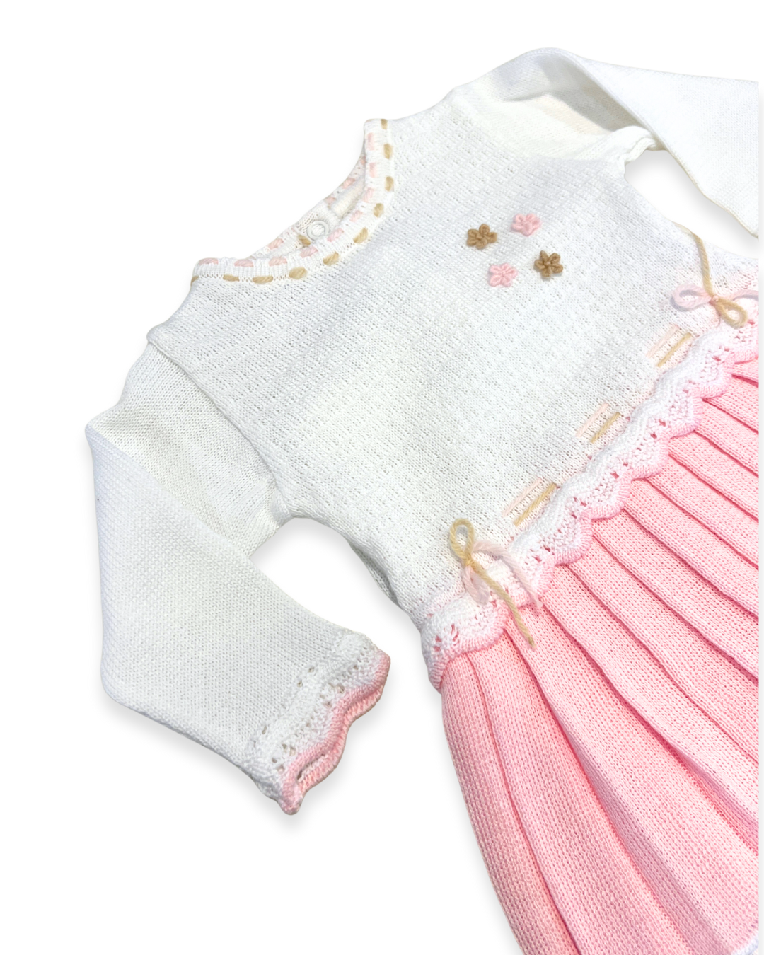 boutique baby knit dress set Expressions Boutique NY, white pink pleated baby dress with footy pants, embroidered cotton knit baby outfit, elegant infant girl outfit soft breathable cotton, heirloom baby gift set