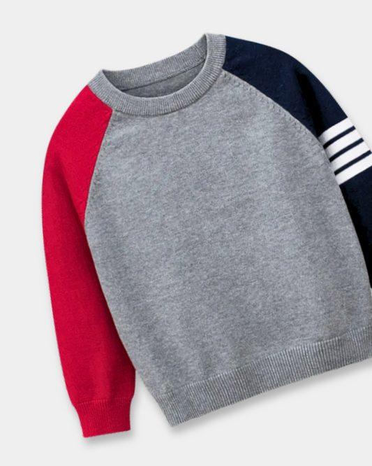 grey kids pullover top, colorblock toddler sweater, red blue sleeve sweatshirt, sporty kids long sleeve shirt, boutique toddler boys top, unisex kids pullover, casual toddler fall top, striped sleeve kids shirt, trendy colorblock sweater for children, everyday toddler wear