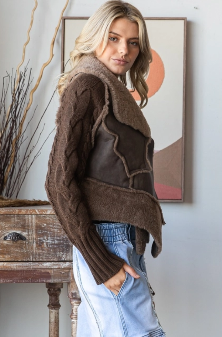 faux leather sherpa jacket, knit sleeve moto jacket, brown asymmetrical coat, chocolate winter jacket, boutique fall layering, cozy edgy outerwear, toggle front leather jacket, knit and leather mixed jacket, women’s boutique jacket, sherpa lined fall coat