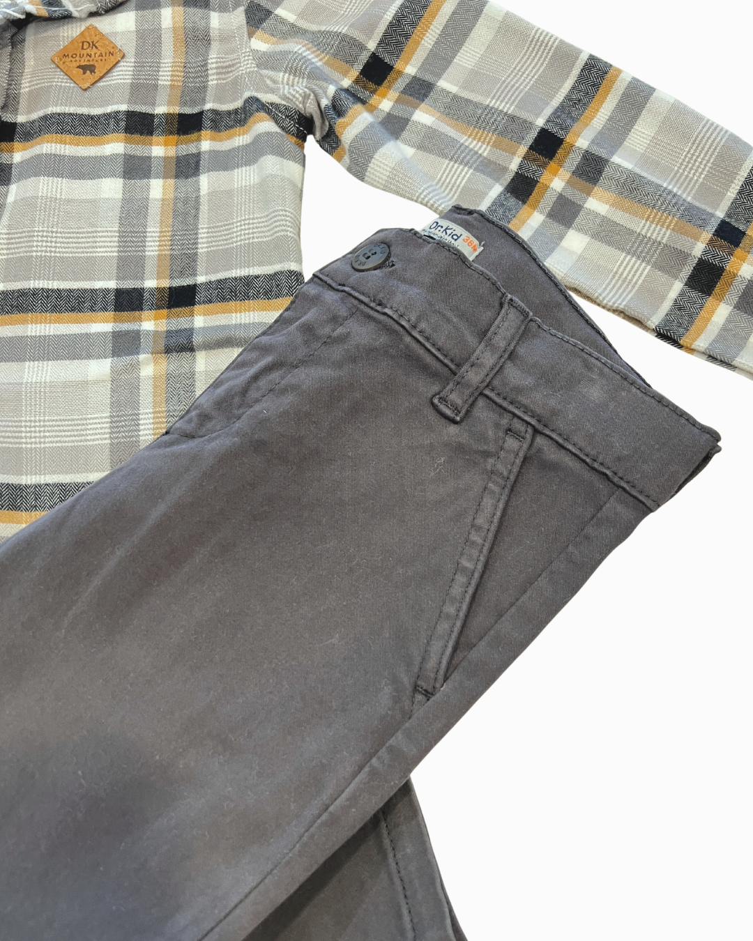 2pc Grey/Beige/Black Plaid w Dark Grey Pant