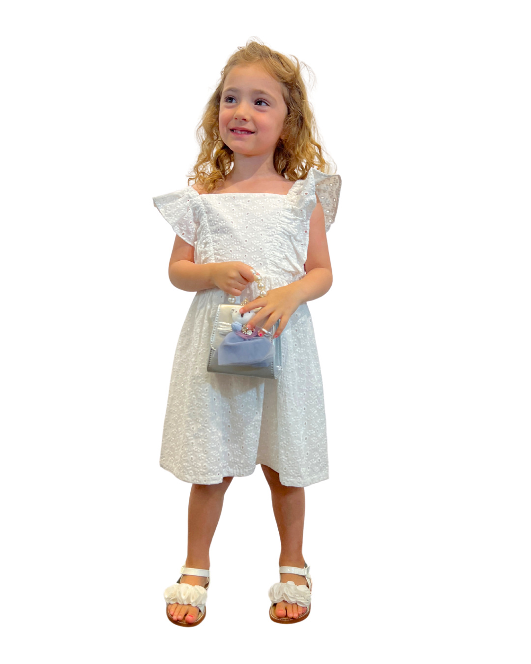 White Eyelet Dress w Ruffled Sleeve