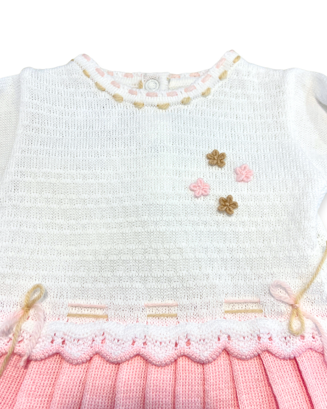 boutique baby knit dress set Expressions Boutique NY, white pink pleated baby dress with footy pants, embroidered cotton knit baby outfit, elegant infant girl outfit soft breathable cotton, heirloom baby gift set, woodbury, long island
