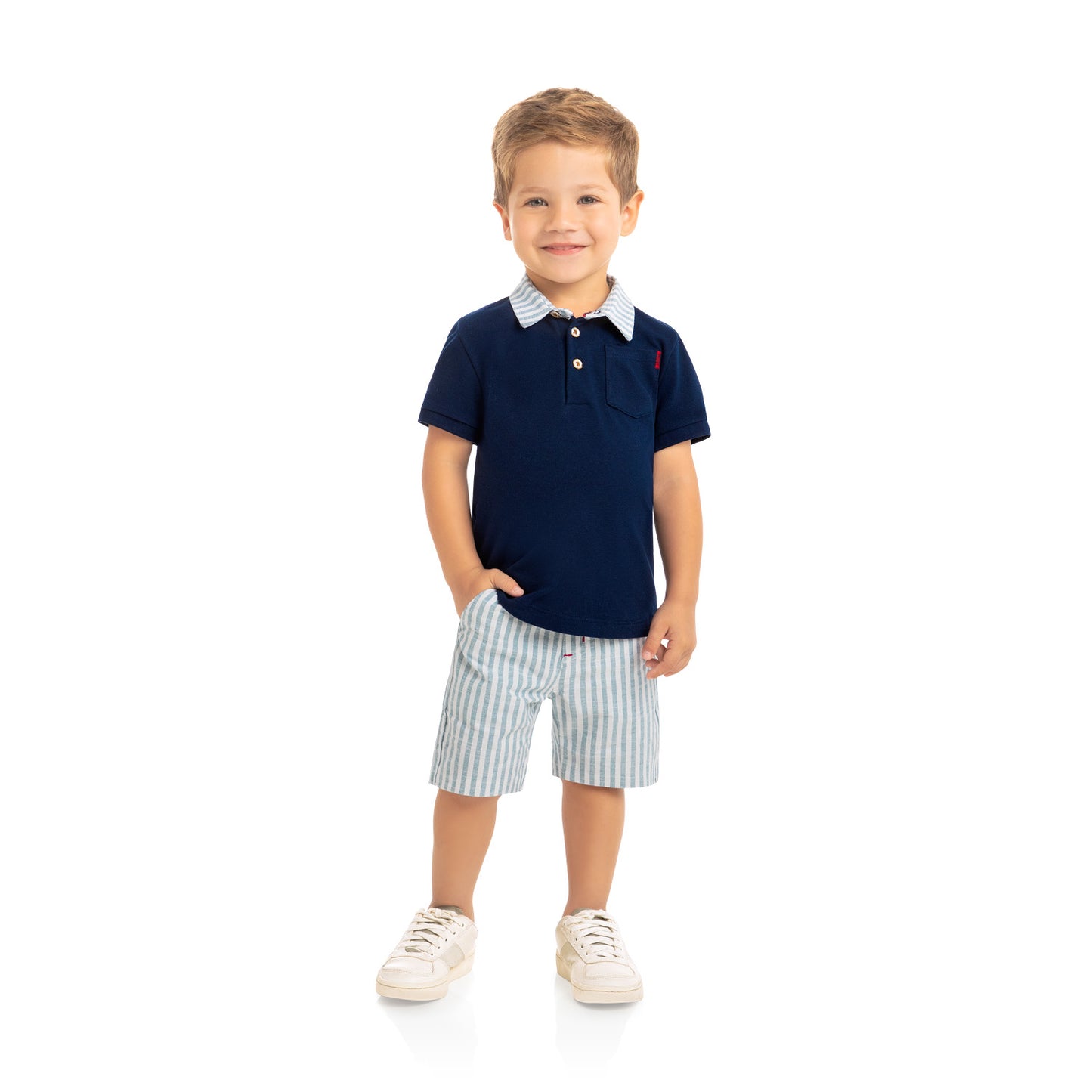 2pc Navy Polo Shirt w Stripe Shorts