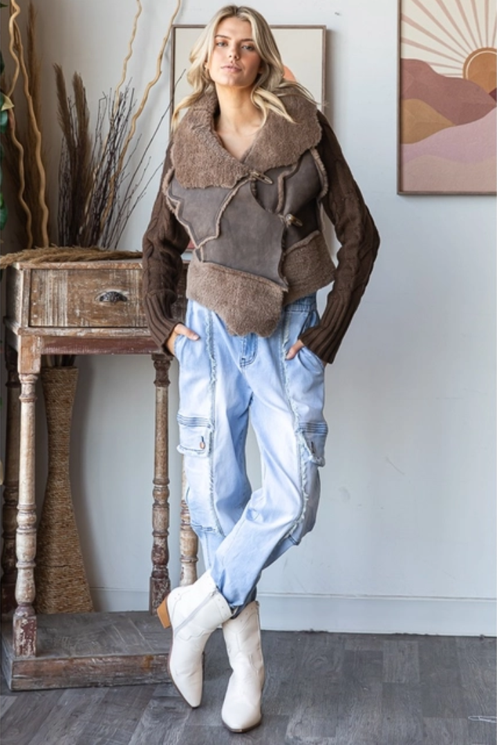 faux leather sherpa jacket, knit sleeve moto jacket, brown asymmetrical coat, chocolate winter jacket, boutique fall layering, cozy edgy outerwear, toggle front leather jacket, knit and leather mixed jacket, women’s boutique jacket, sherpa lined fall coat