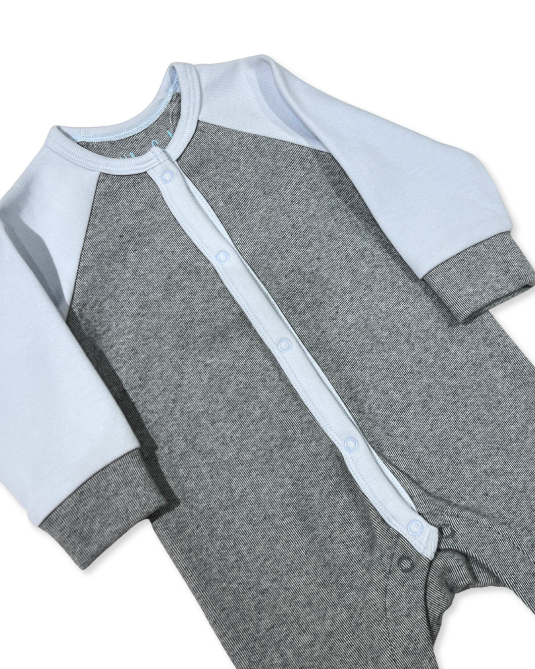 Grey/Blue Snap Footie, Expressions Boutique, Women and childrens boutique, Woodbury, grey baby footie, blue contrast baby romper, baby boy snap sleeper, boutique baby romper, infant footed one piece, soft cotton baby pajamas, newborn boy sleepsuit, snap closure baby outfit, modern baby boy footie, eco friendly baby clothing, baby shower boy gift