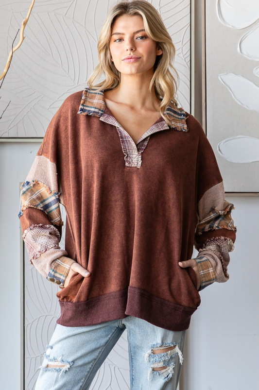 washed patchwork pullover, collared v neck top, oversized patchwork sweatshirt, women’s fall pullover, plaid sleeve sweatshirt, casual oversized top, boutique fall outfit, washed cotton pullover, relaxed fit patchwork top, vintage-inspired pullover, autumn oversized sweater