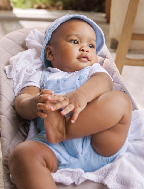 2pc Light Blue Romper w Puffed Lg Dot w Hat