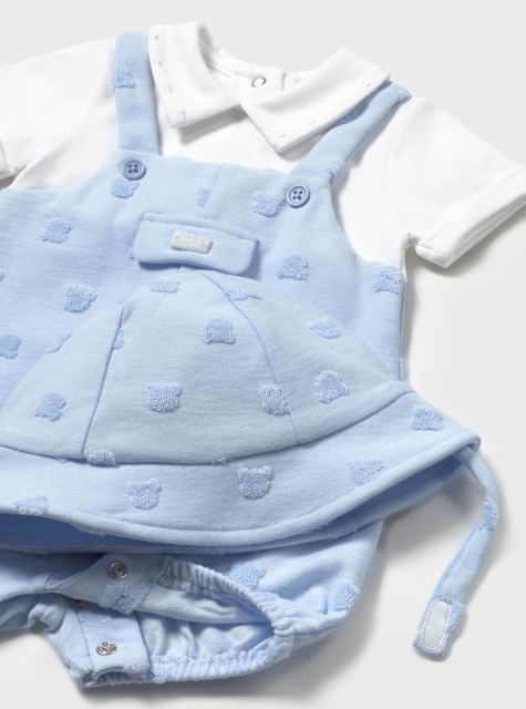 2pc Light Blue Romper w Puffed Lg Dot w Hat