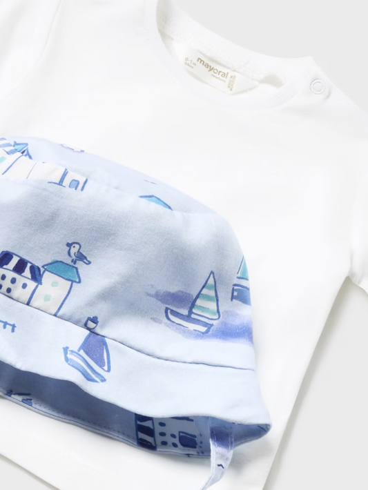 3pc Lt Blue Overall Print w matching Hat