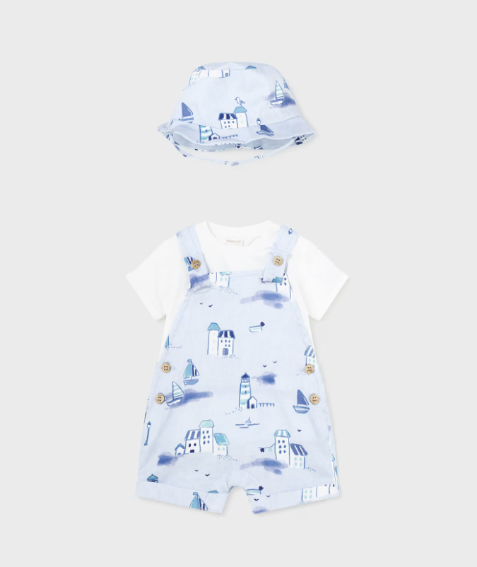 3pc Lt Blue Overall Print w matching Hat