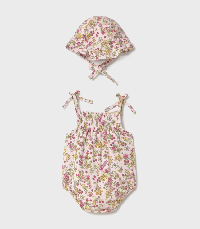 2pc Pink Floral Sun Romper w Hat