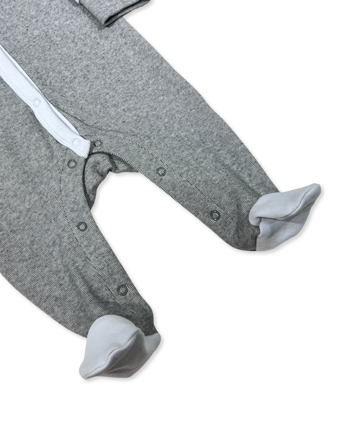 Grey/Blue Snap Footie, Expressions Boutique, Women and childrens boutique, Woodbury, grey baby footie, blue contrast baby romper, baby boy snap sleeper, boutique baby romper, infant footed one piece, soft cotton baby pajamas, newborn boy sleepsuit, snap closure baby outfit, modern baby boy footie, eco friendly baby clothing, baby shower boy gift